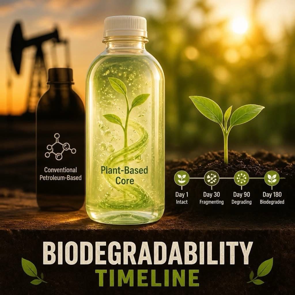 Pure Form Solution — biodegradability timeline showing plant-based core versus conventional petroleum-based plastic, degrading from Day 1 intact to Day 180 fully biodegraded