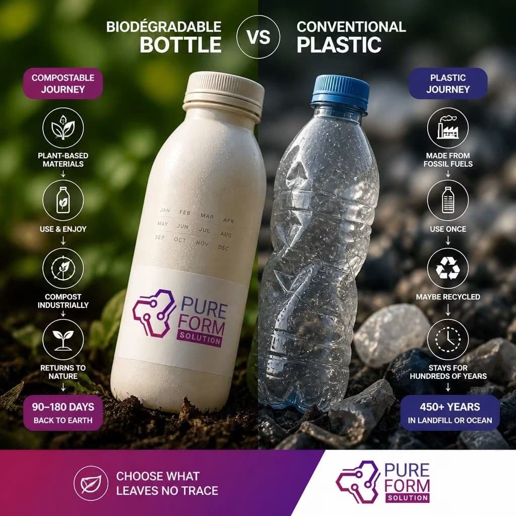 Pure Form Solution — Biodegradable Bottle vs Conventional Plastic: compostable journey vs plastic journey, 90-180 days back to earth vs 450+ years in landfill