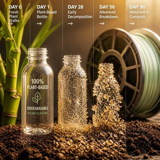 Pure Form Solution — 100% plant-based, biodegradable bottle decomposition timeline from Day 0 fresh plant stalks to Day 90 returned to compost