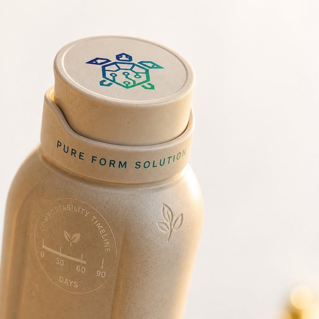 Pure Form Solution — bottle cap close-up with turtle logo and 90-day compostability timeline embossing