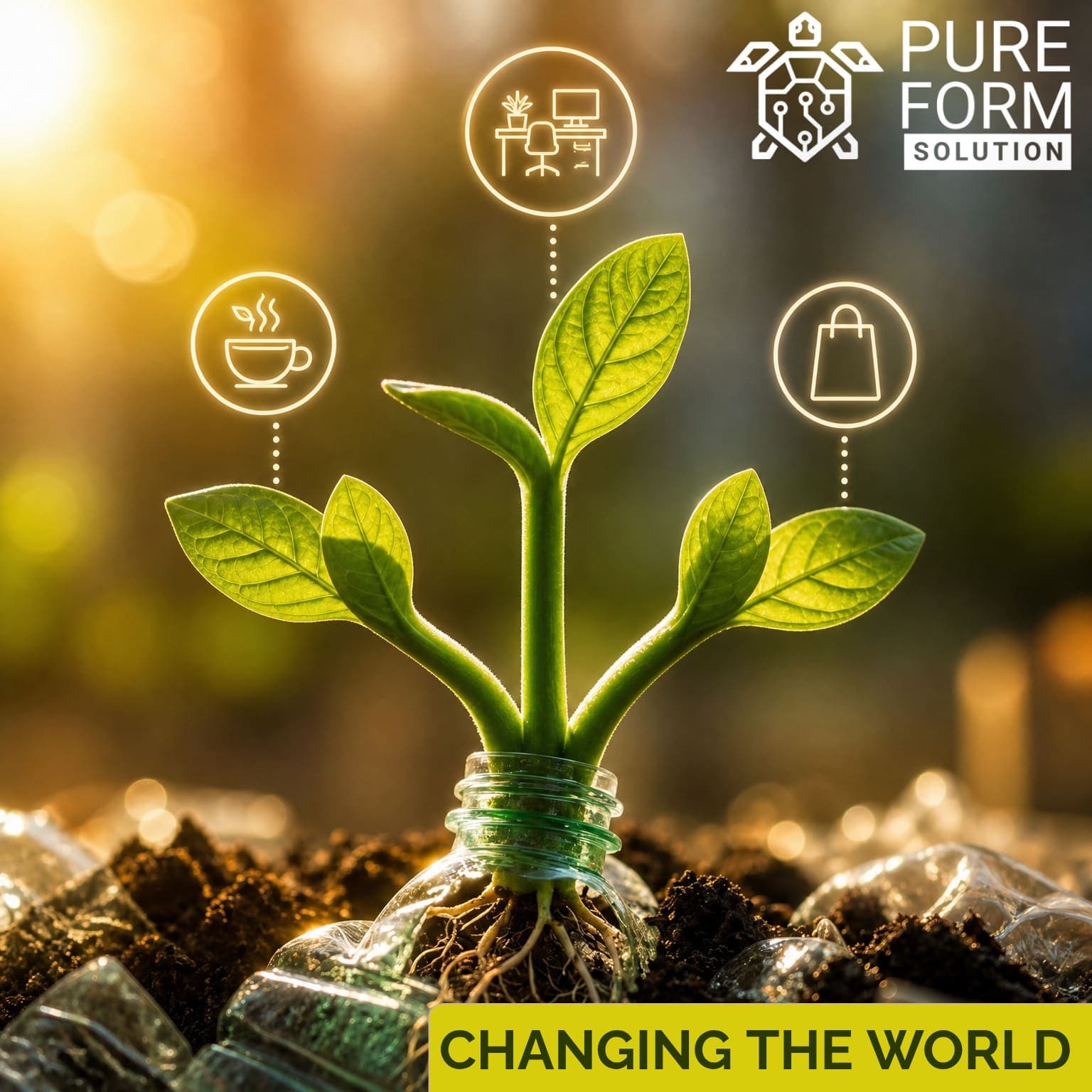 Pure Form Solution — Changing the World, plant growing from bottle with eco icons for coffee, workspace, and shopping
