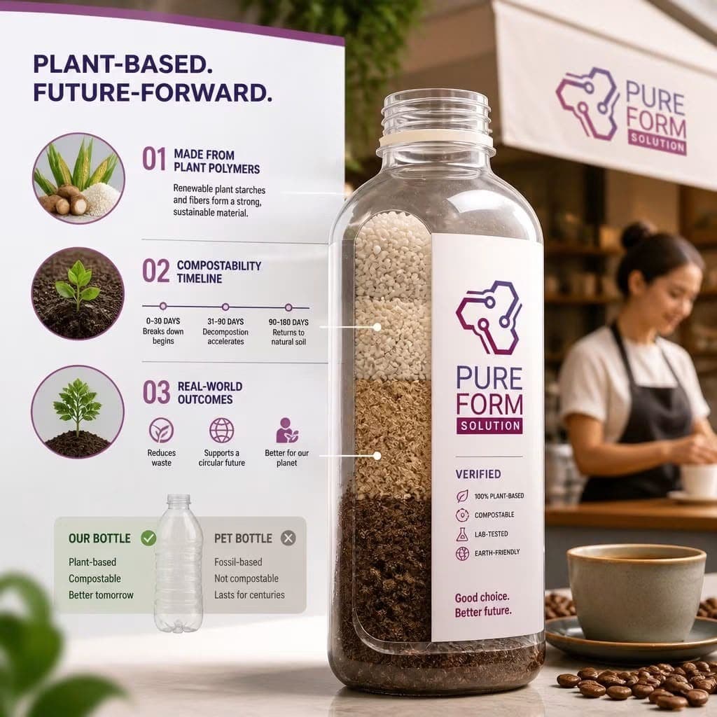 Pure Form Solution — Plant-Based. Future-Forward. Compostability timeline and comparison of PFS bottle vs PET bottle