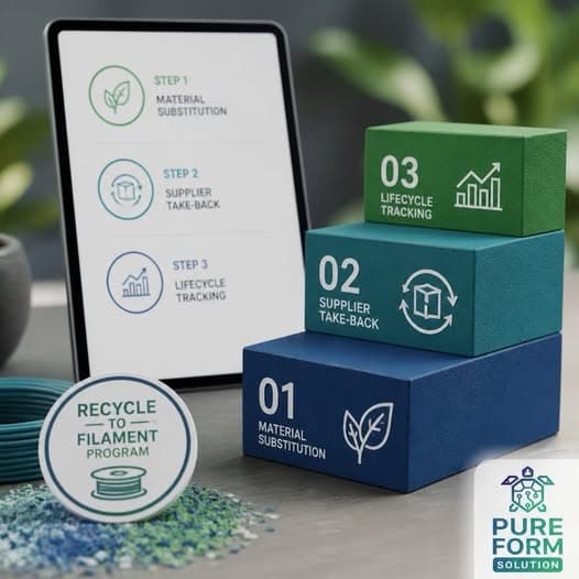 Pure Form Solution — Recycle to Filament Program showing three steps: material substitution, supplier take-back, and lifecycle tracking