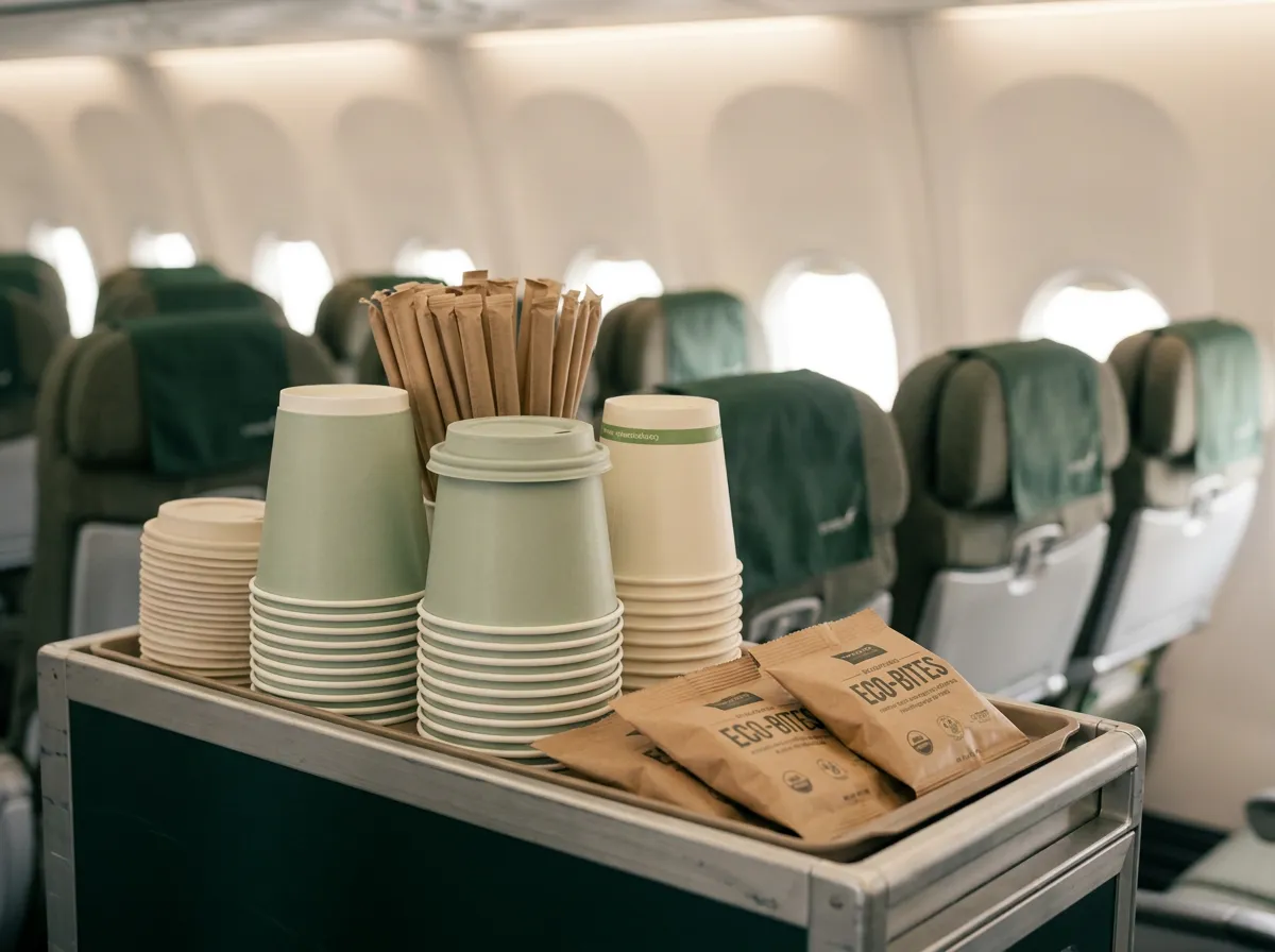 Compostable cups, lids, and straws arranged on an inflight beverage cart in an airplane cabin aisle