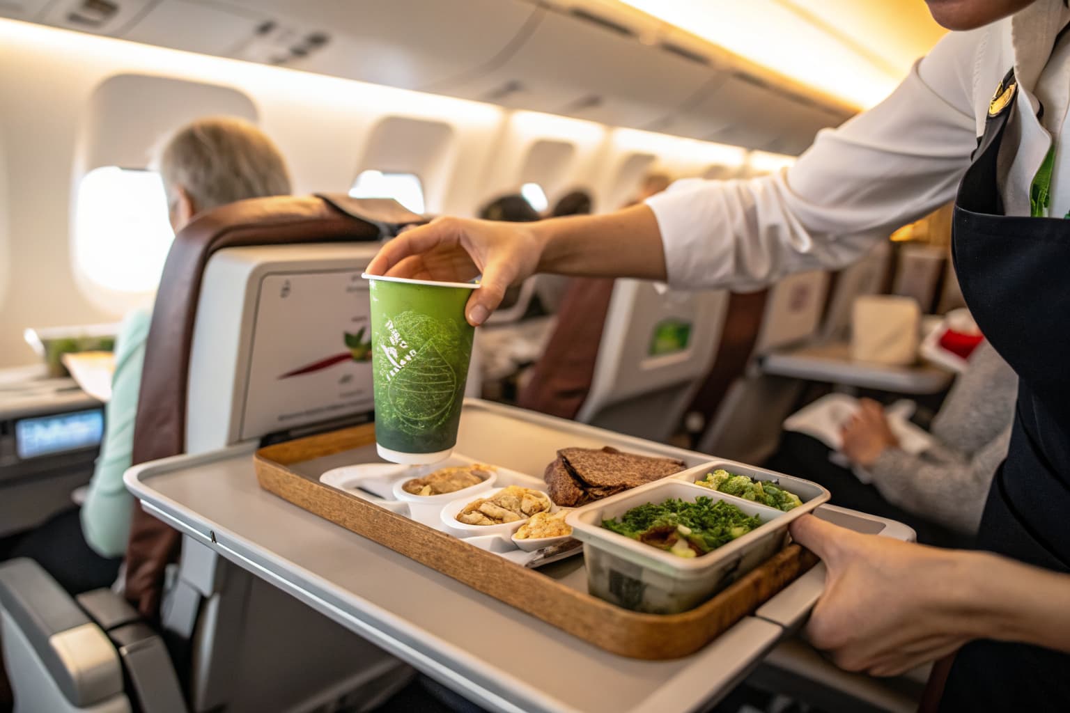 Flight attendant serving a compostable beverage cup during inflight cabin service, representing the airline hospitality sustainability program