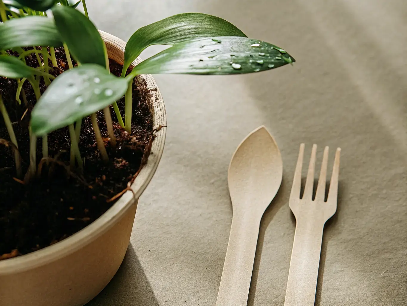 Compostable biodegradable utensils next to a living green plant โ sustainability in action