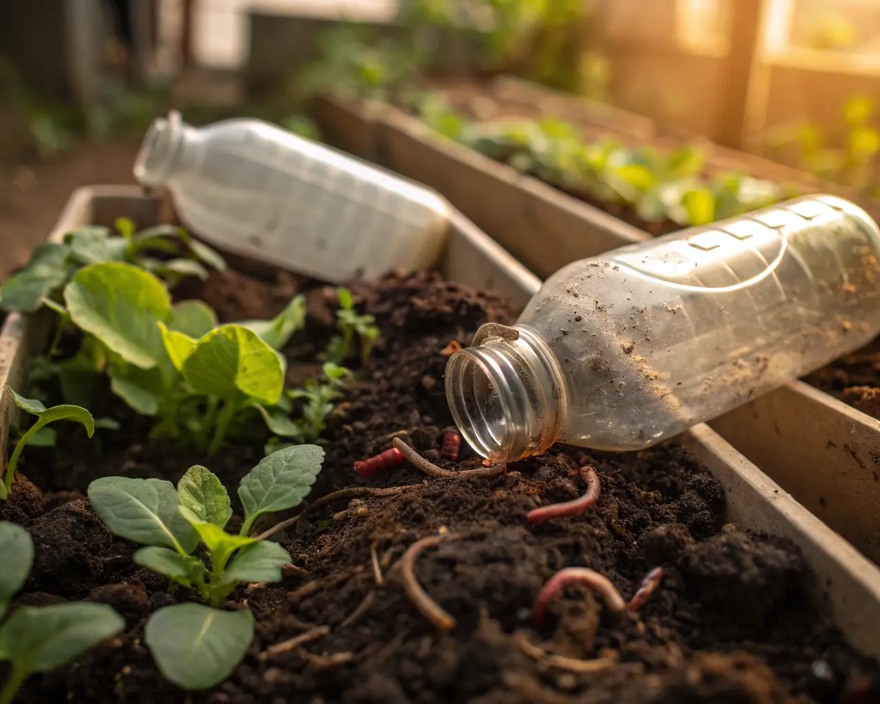 Bioplastic bottles breaking down in compost soil surrounded by seedlings — demonstrating end-of-life biodegradation