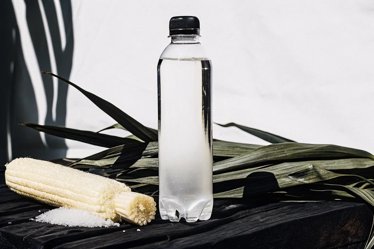 Clear PLA bioplastic water bottle with corn and sugarcane — plant-based sustainable packaging replacing single-use plastic