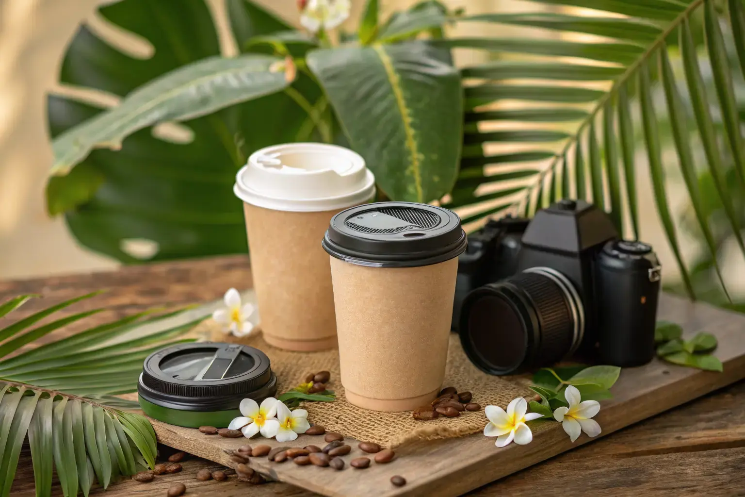 Compostable PHA and PLA biodegradable cups with lids on a wooden surface surrounded by tropical green leaves and white flowers