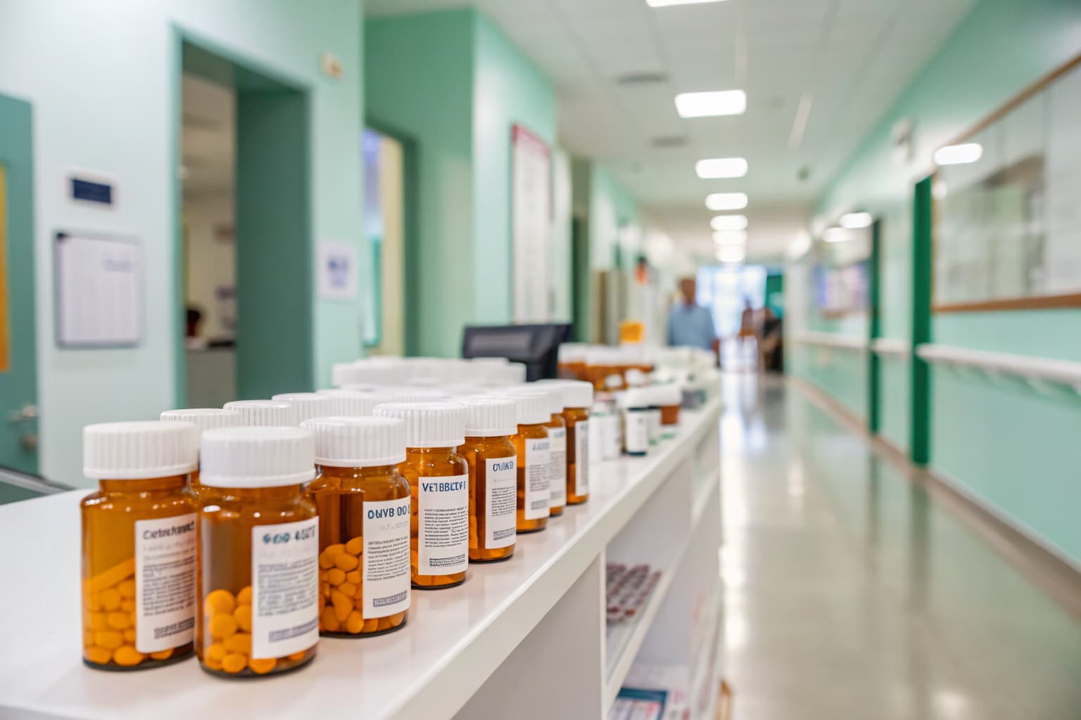 Hospital pharmacy counter stocked with compostable PHA pill bottles — sustainable healthcare packaging replacing single-use plastic
