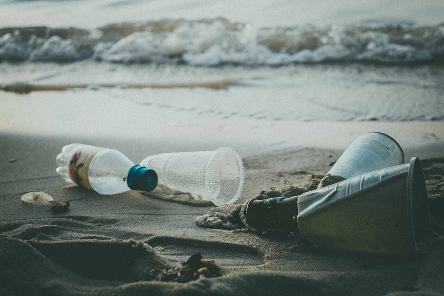 Discarded plastic amenity bottles and cups washed up on a resort beach shoreline