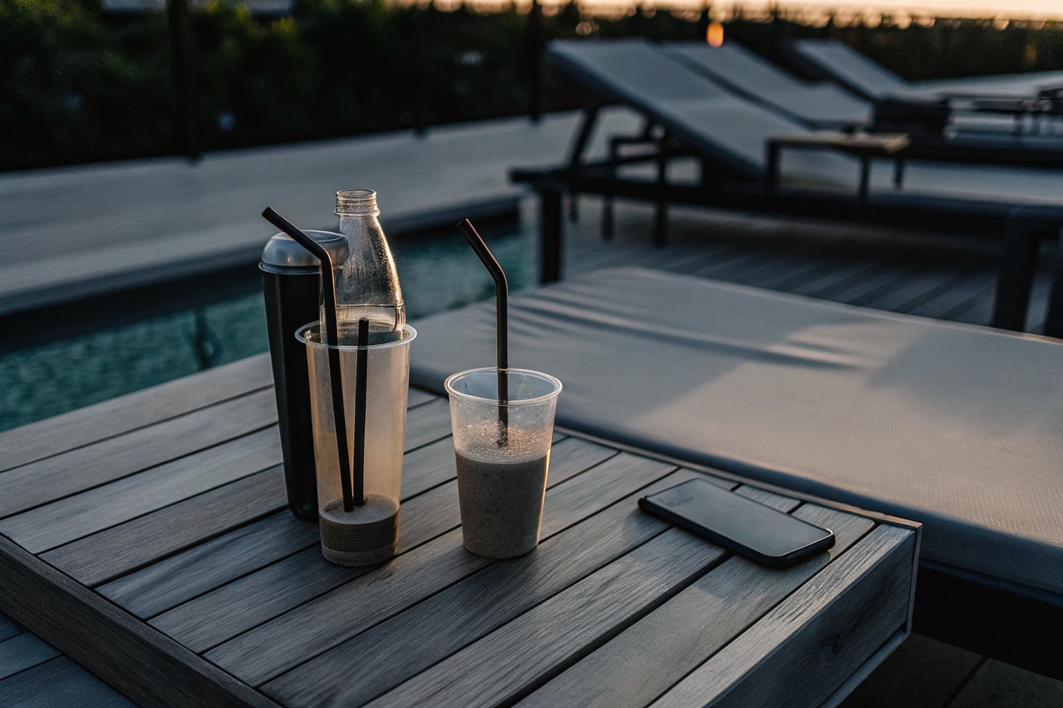 Compostable PHA cups and a sugarcane water bottle on a hotel poolside table at sunset — sustainable hospitality packaging replacing single-use plastic
