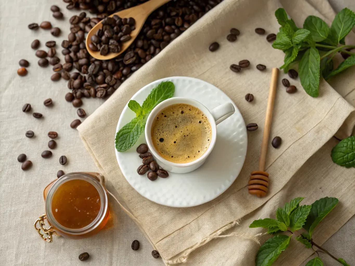 Overhead flat-lay of a white ceramic espresso cup on natural linen surrounded by dark roasted coffee beans, fresh mint sprigs and honey — PHA eco-friendly coffee stirrer in use