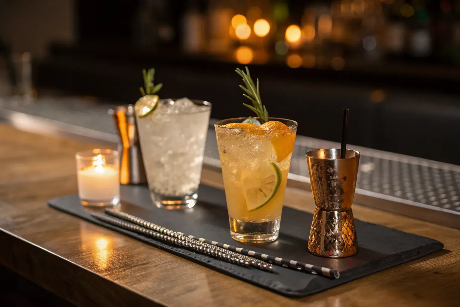 PHA biodegradable cocktail stirrers on a dark slate bar top alongside craft cocktail glasses with citrus garnishes — sustainable bar supplies by Pure Form Solution