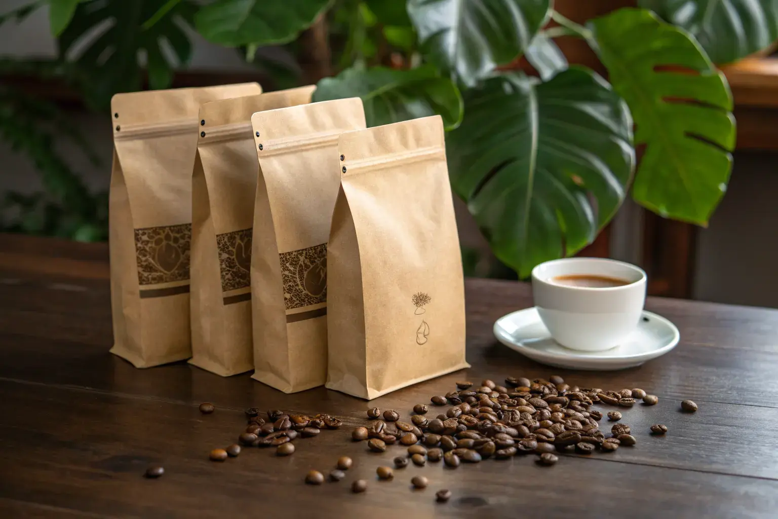 Biodegradable PHA coffee bags with zipper closures on a dark walnut wooden table surrounded by roasted coffee beans, a white espresso cup, and tropical monstera leaves — sustainable specialty coffee packaging by Pure Form Solution