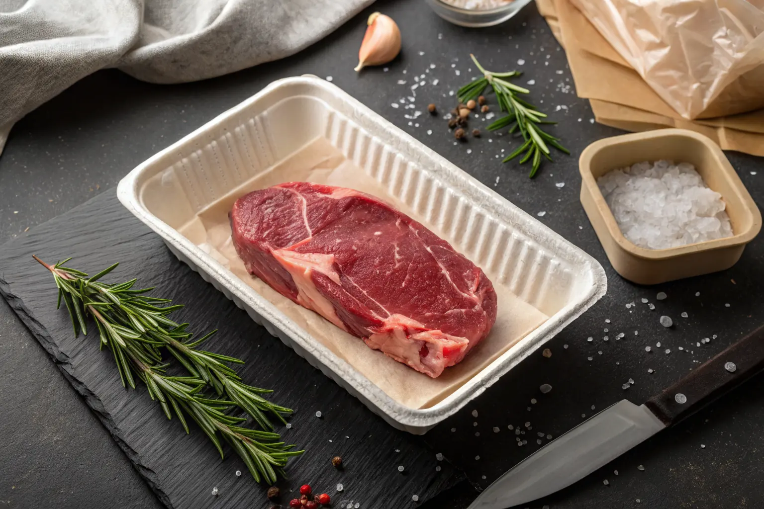 Biodegradable PHA meat packing tray holding a fresh cut of steak on a dark slate surface — sustainable alternative to conventional PET/PP meat packing trays