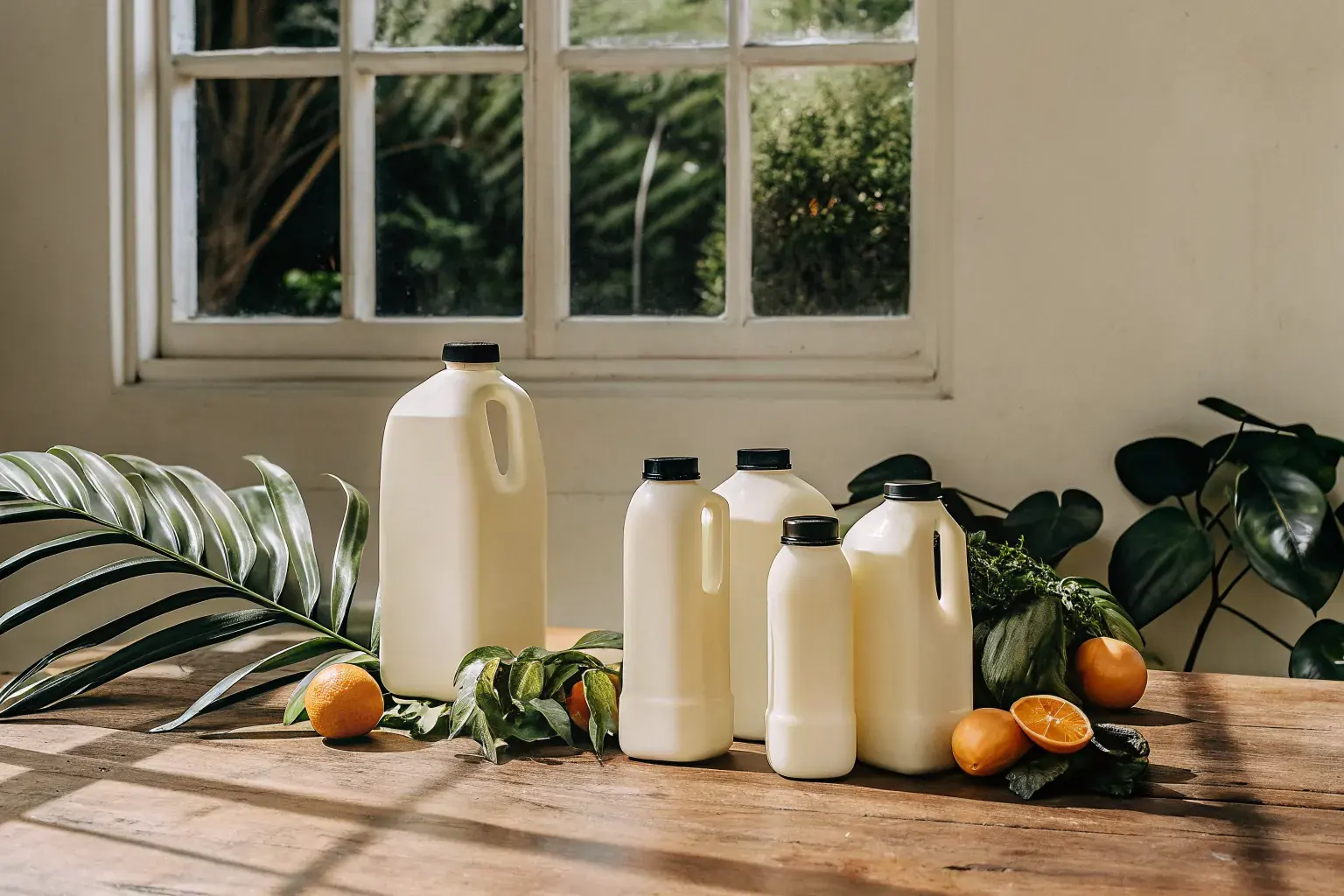 Biodegradable PHA milk and juice jugs on a rustic wooden table with citrus fruits and green tropical leaves — sustainable dairy packaging by Pure Form Solution