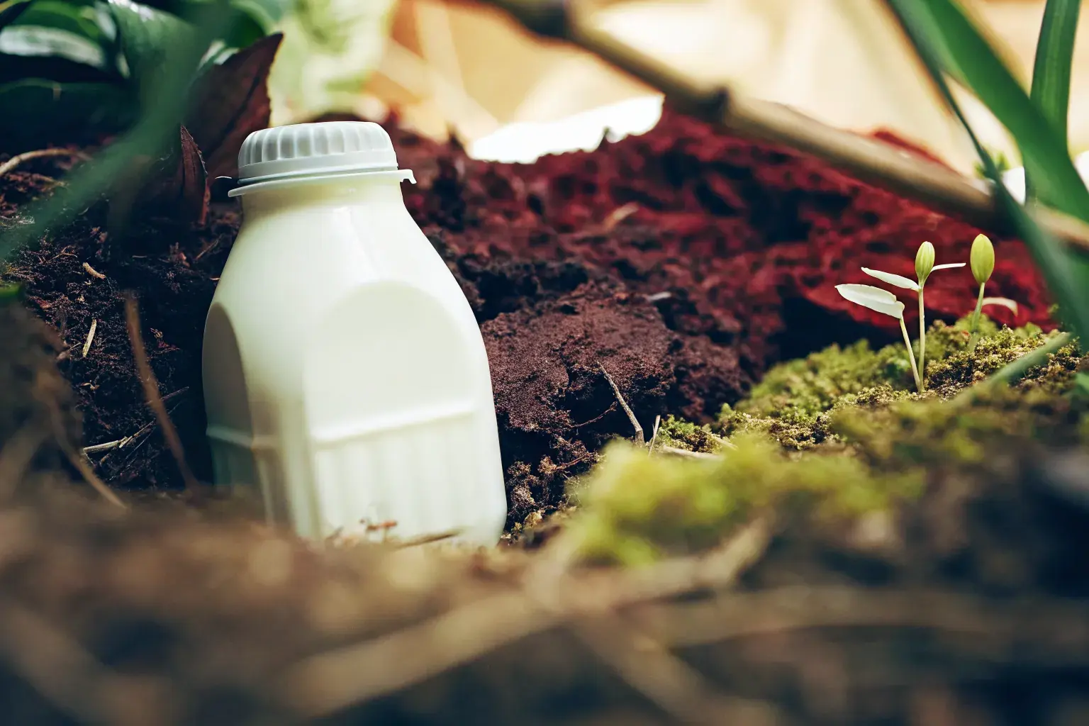 Biodegradable PHA milk jug resting in rich natural soil surrounded by green moss and sprouting plants — bioplastic returning to the earth with no persistent microplastics
