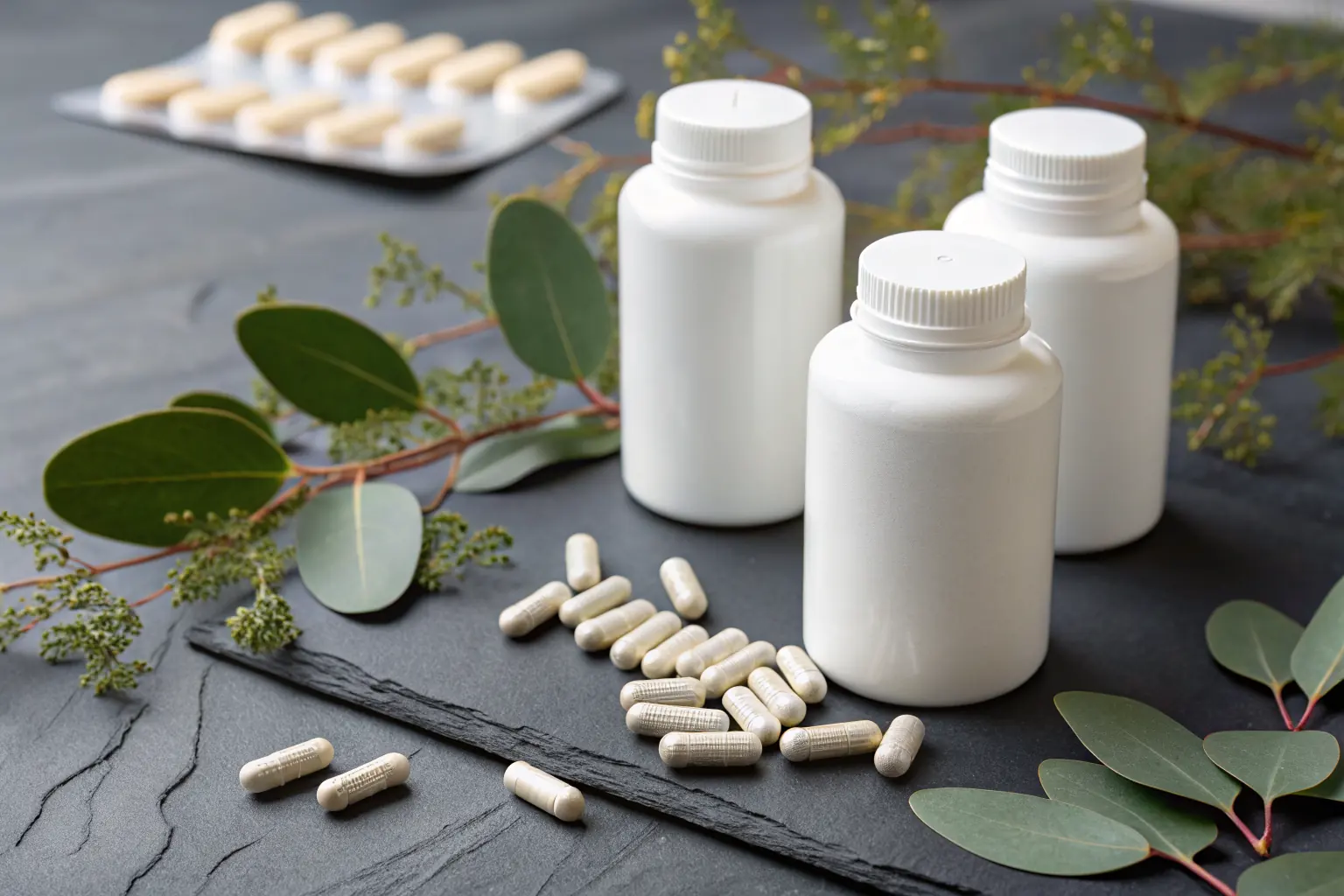 PHA biodegradable supplement packer bottles with eucalyptus leaves and capsules on dark slate — sustainable nutraceutical packaging by Pure Form Solution