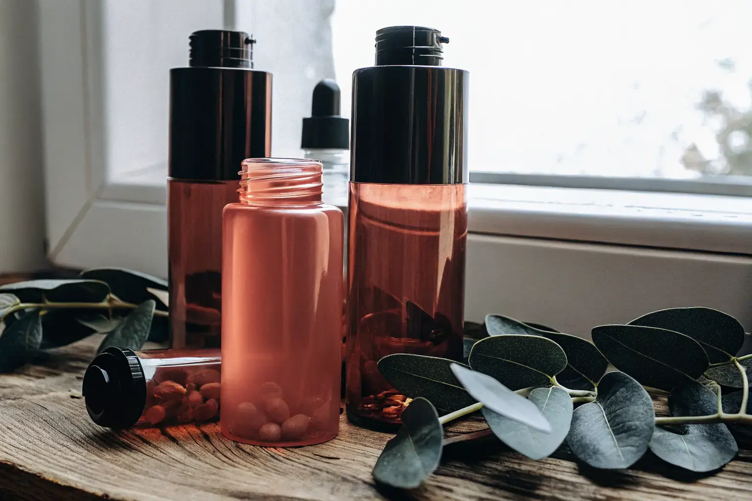 Amber biodegradable PHA pill bottles arranged on a wooden surface with green eucalyptus leaves — sustainable pharmaceutical packaging alternative to conventional plastic