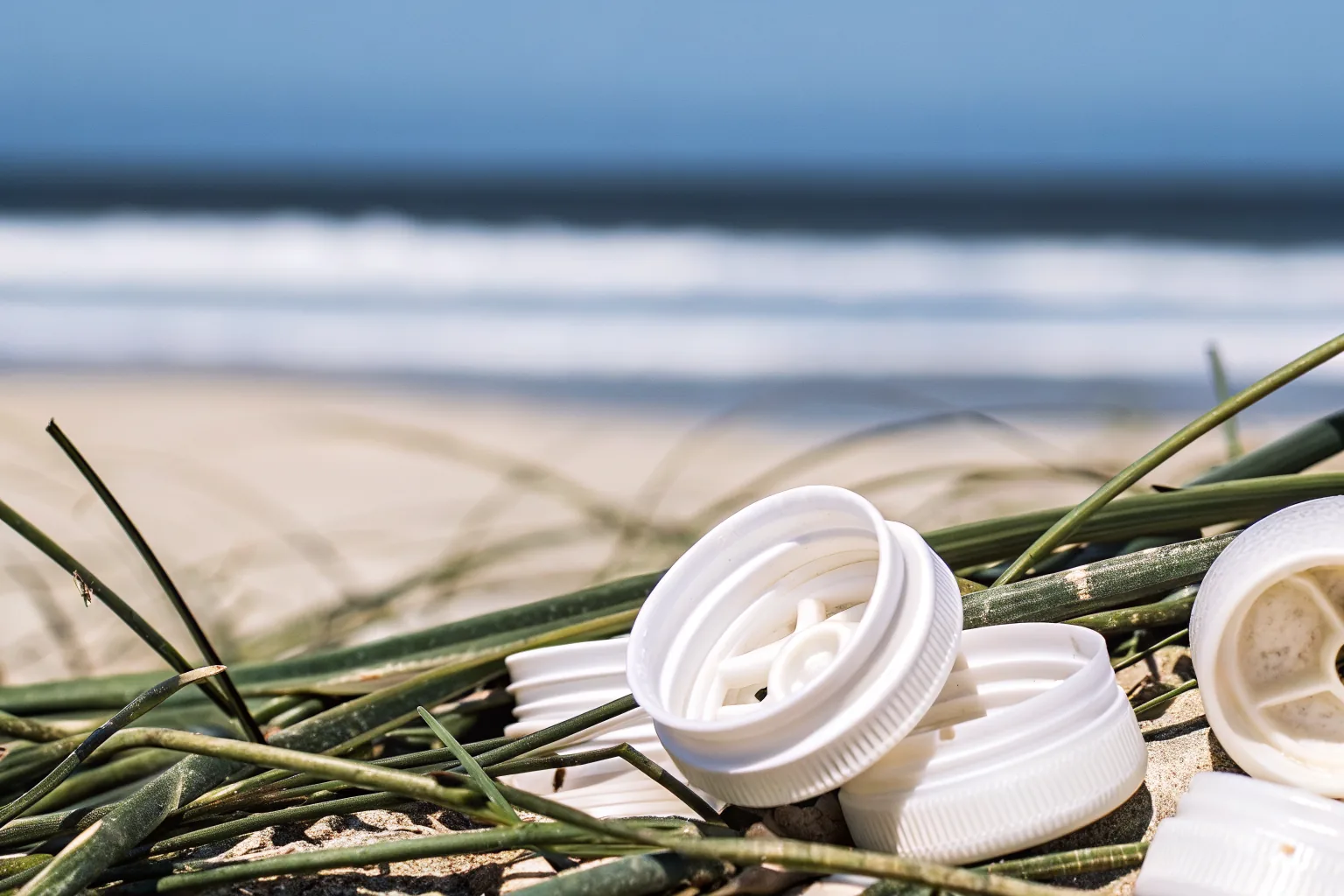 Discarded white plastic hinged container caps scattered among beach grass on a polluted shoreline, ocean waves in the background