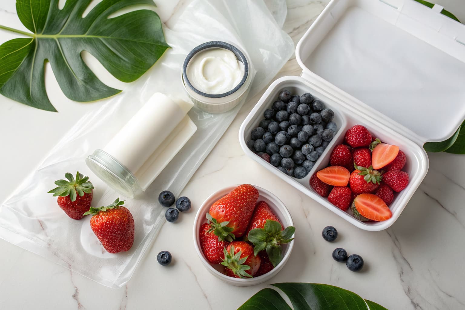 PHA biodegradable rigid and flexible containers — yogurt tubs, cosmetic jars, food wrap, and produce clamshells on a marble surface with monstera leaves