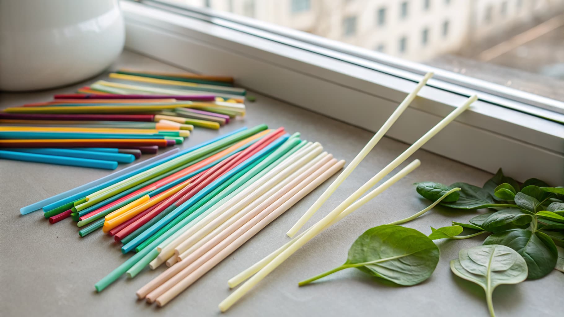 Discarded plastic drinking straws in a pile transitioning to clean biodegradable PHA straws resting on green leaves