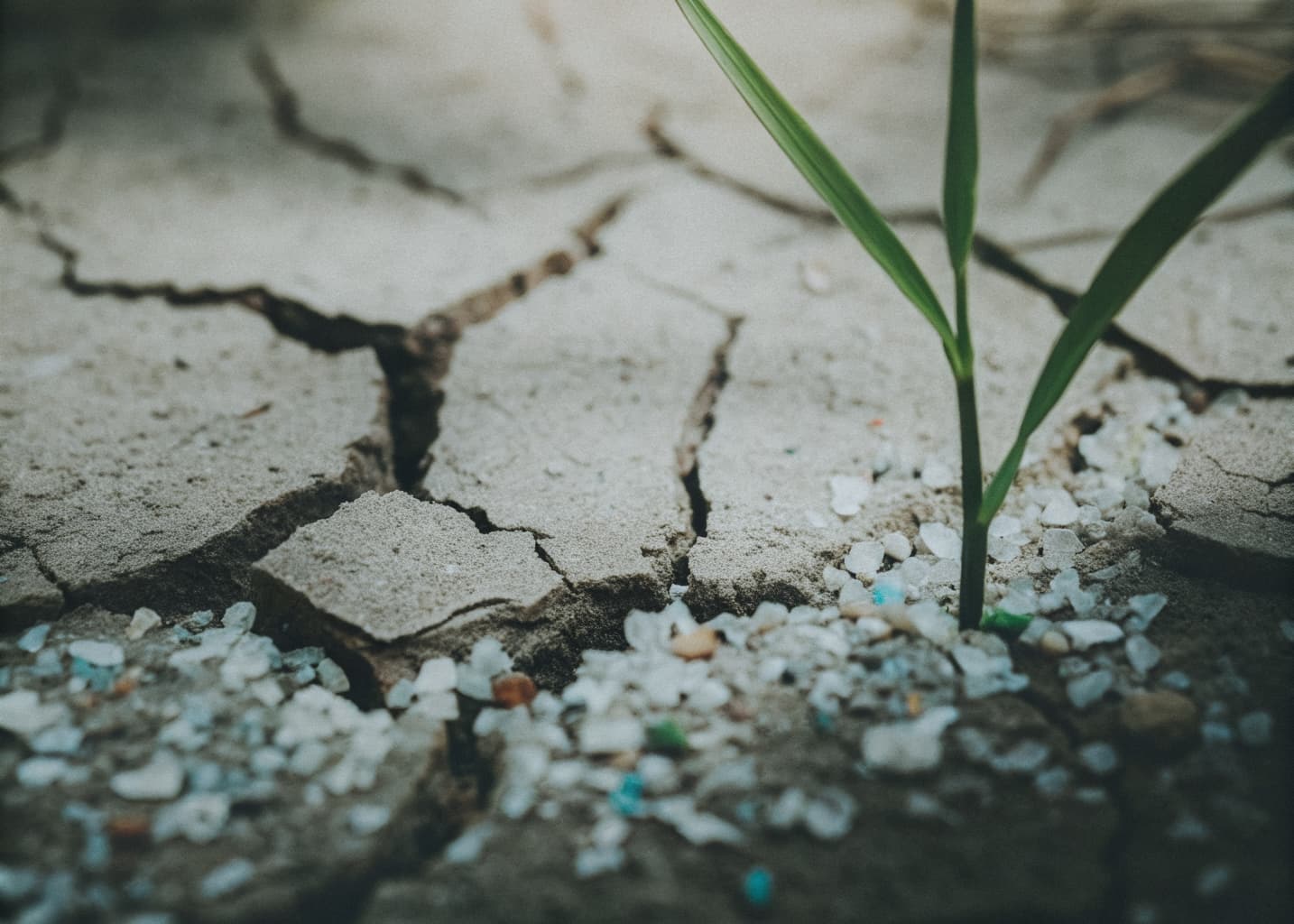 Microplastic fragments embedded in cracked, dry soil beside a struggling seedling