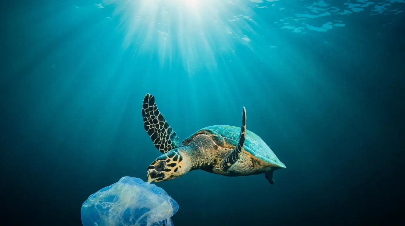 Sea turtle swimming through ocean plastic pollution — a symbol of the microplastics crisis