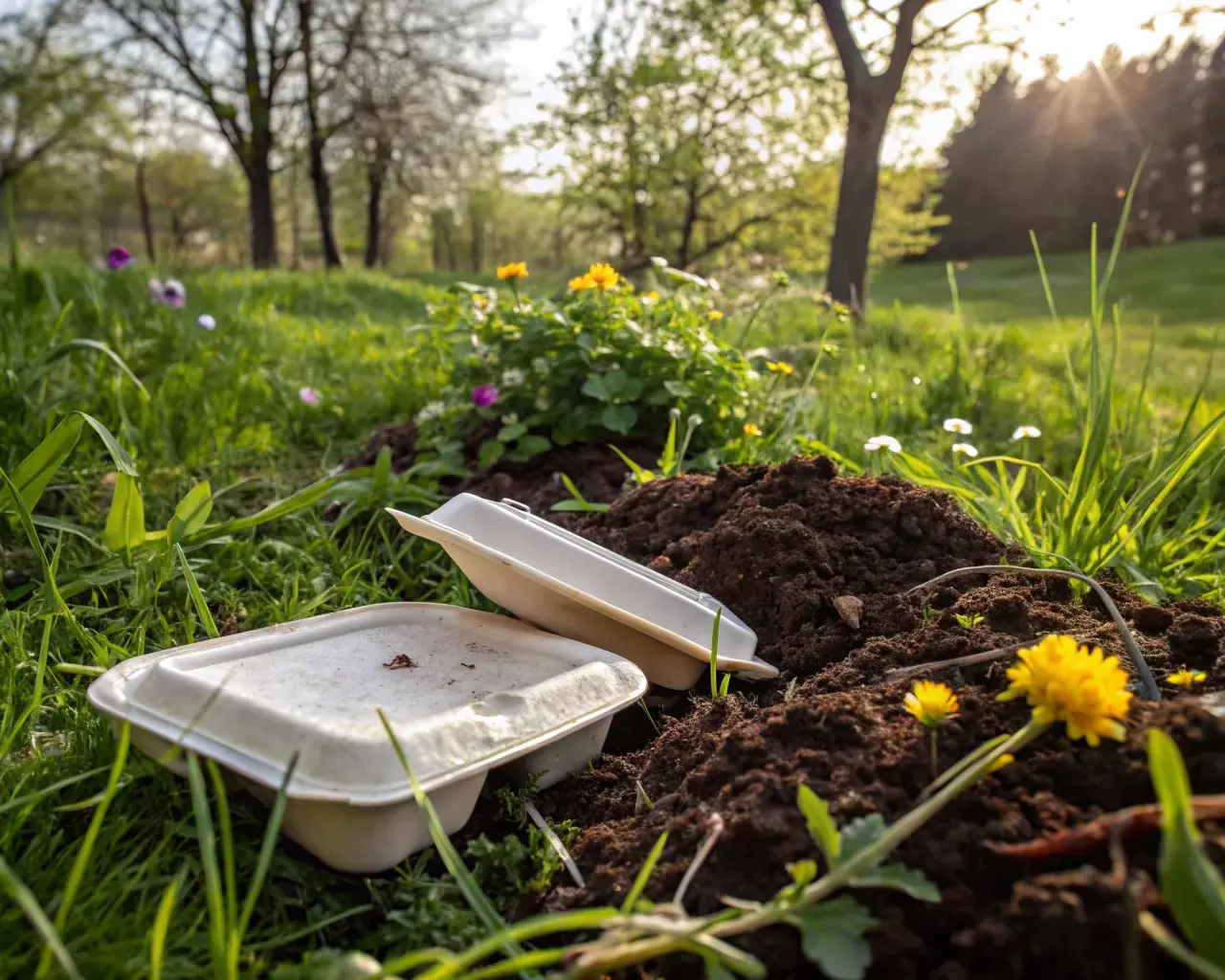 PLA clamshell boxes composting in garden soil β sustainable end of life for food packaging