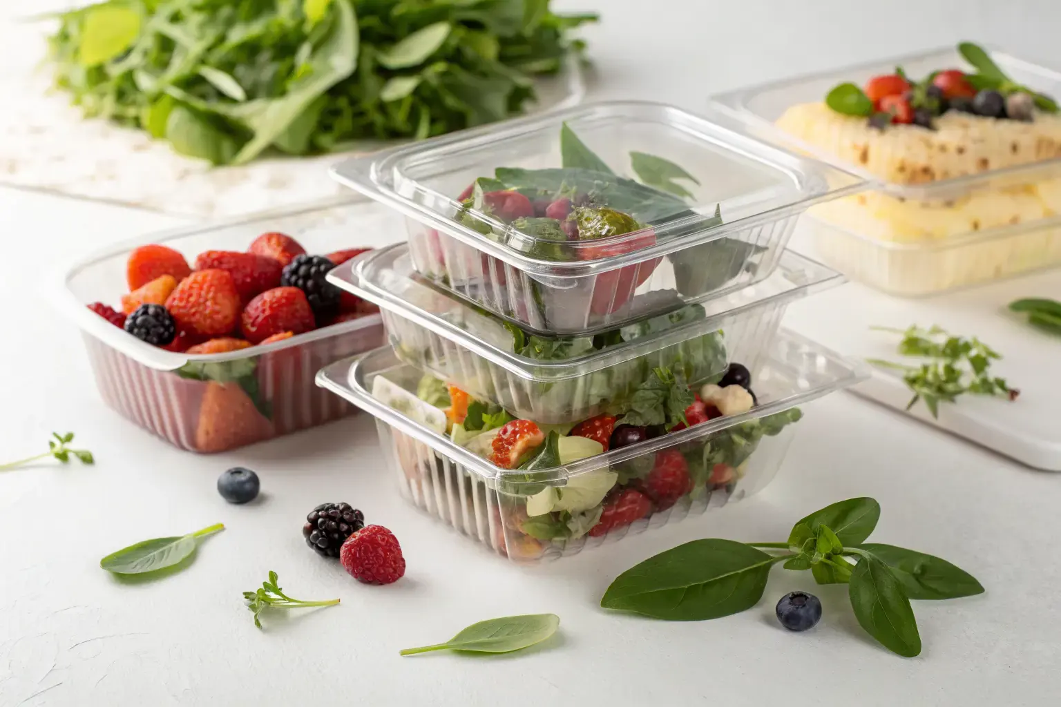 PLA clamshell boxes — crystal-clear plant-based compostable containers for fresh produce, deli items, and baked goods