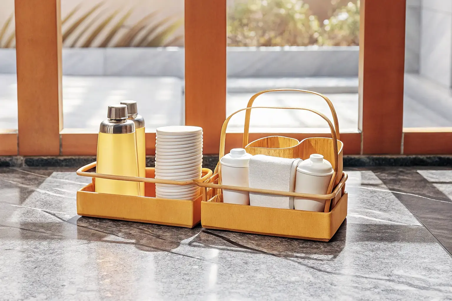 Luxury hotel room with compostable amenities on a marble countertop, representing the hotel sustainability program
