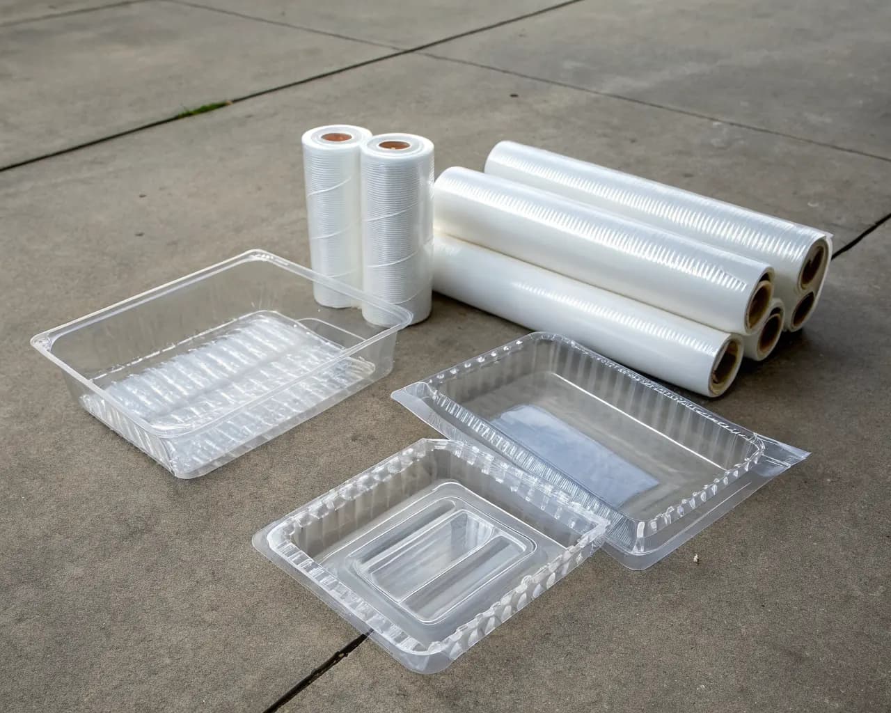 Empty plastic meat packaging trays and film wrap representing conventional meat packing waste