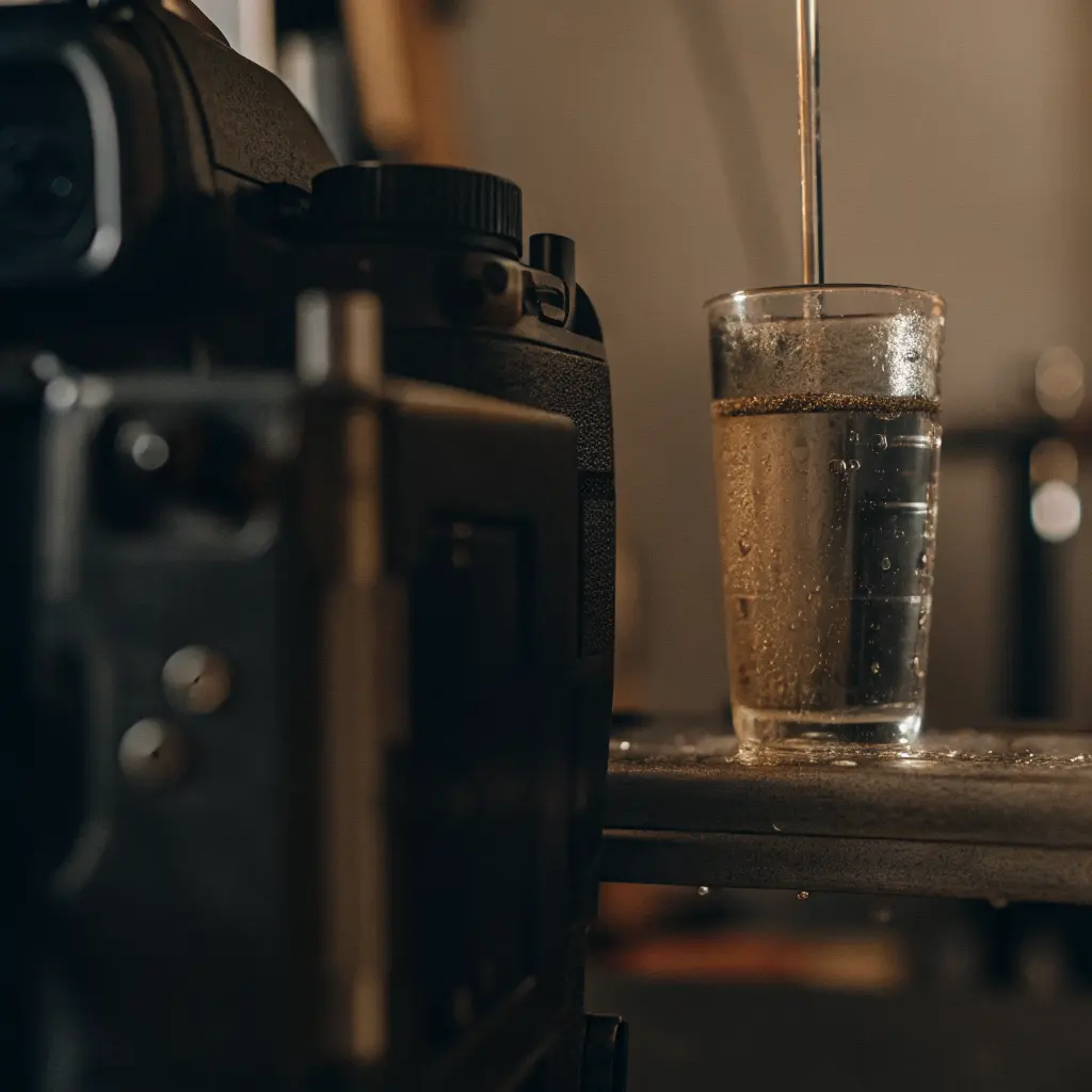 Glass of drinking water with contamination β microplastics have been detected in tap water and bottled water worldwide