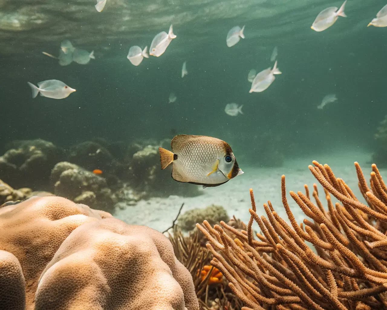 Tropical fish swimming through a threatened coral reef ecosystem β microplastic pollution endangers marine biodiversity worldwide