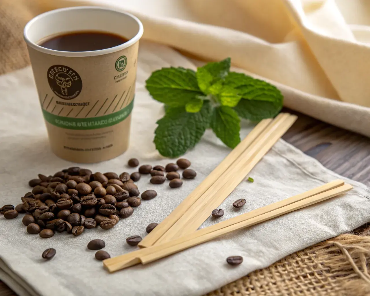 PHA biodegradable coffee stirrers alongside coffee beans and fresh mint on natural linen