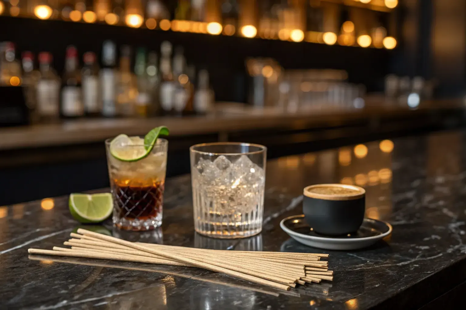 PHA biodegradable coffee and cocktail stirrers — fully compostable stir sticks that break down naturally in marine and soil environments