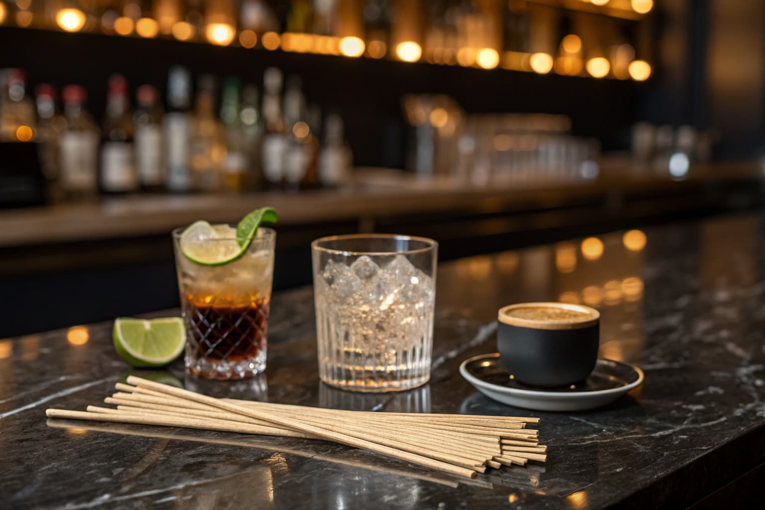 PHA biodegradable cocktail stirrers on a dark marble bar beside cocktail glasses and an espresso cup