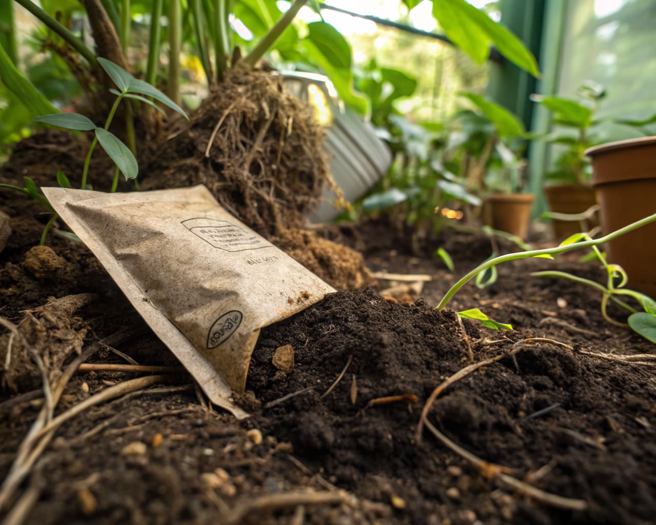 Biodegradable PHA coffee bag decomposing naturally in rich compost soil surrounded by sprouting green plants and plant roots — demonstrating complete end-of-life biodegradation with zero microplastic residue