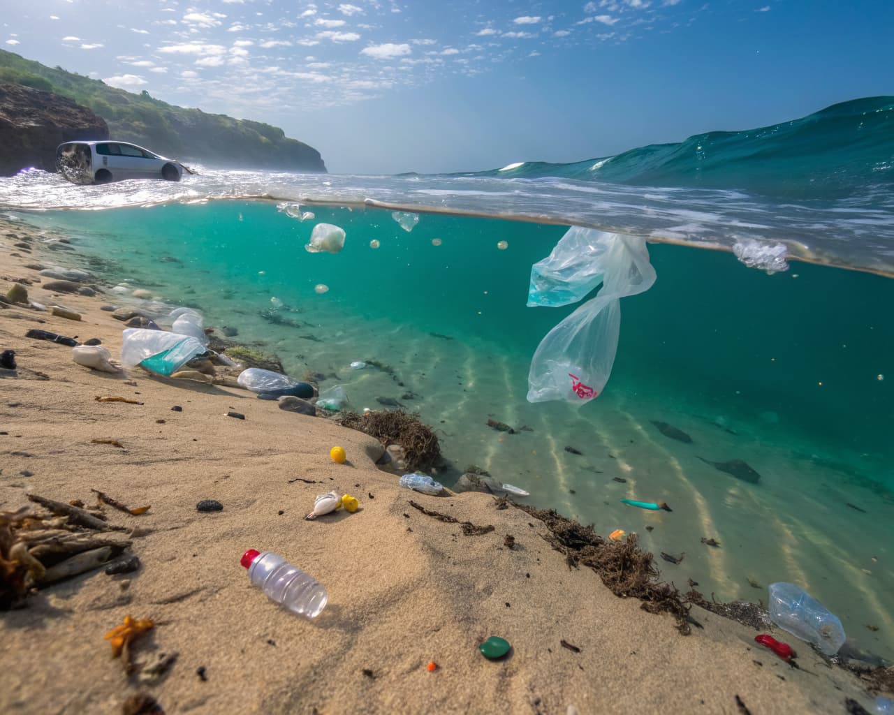 Plastic packaging waste including coffee bag laminates washed up on a beach shoreline — the environmental consequence of unrecyclable multi-layer coffee packaging