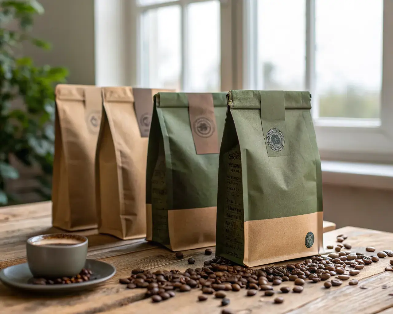 Boutique PHA biodegradable coffee bags on rustic wooden surface with scattered coffee beans