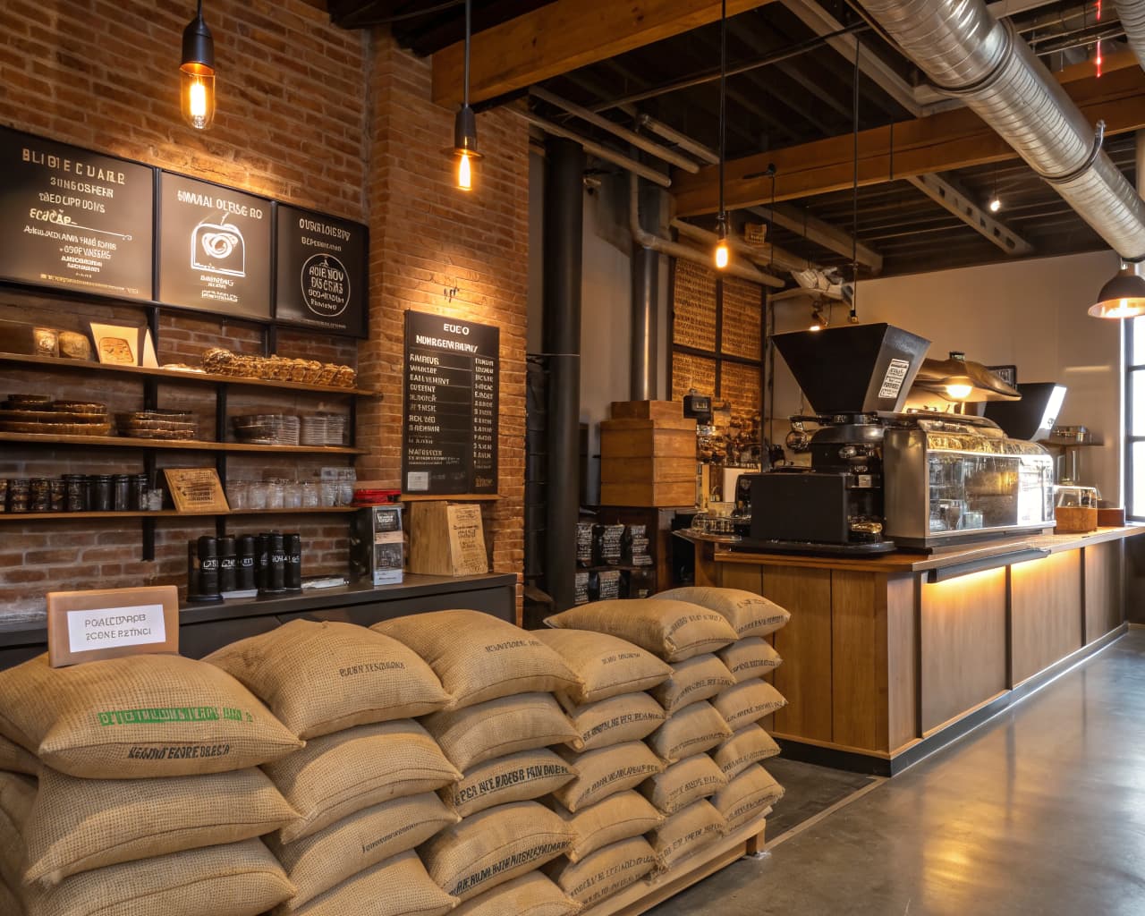 Interior of a boutique specialty coffee roastery with sustainable packaging