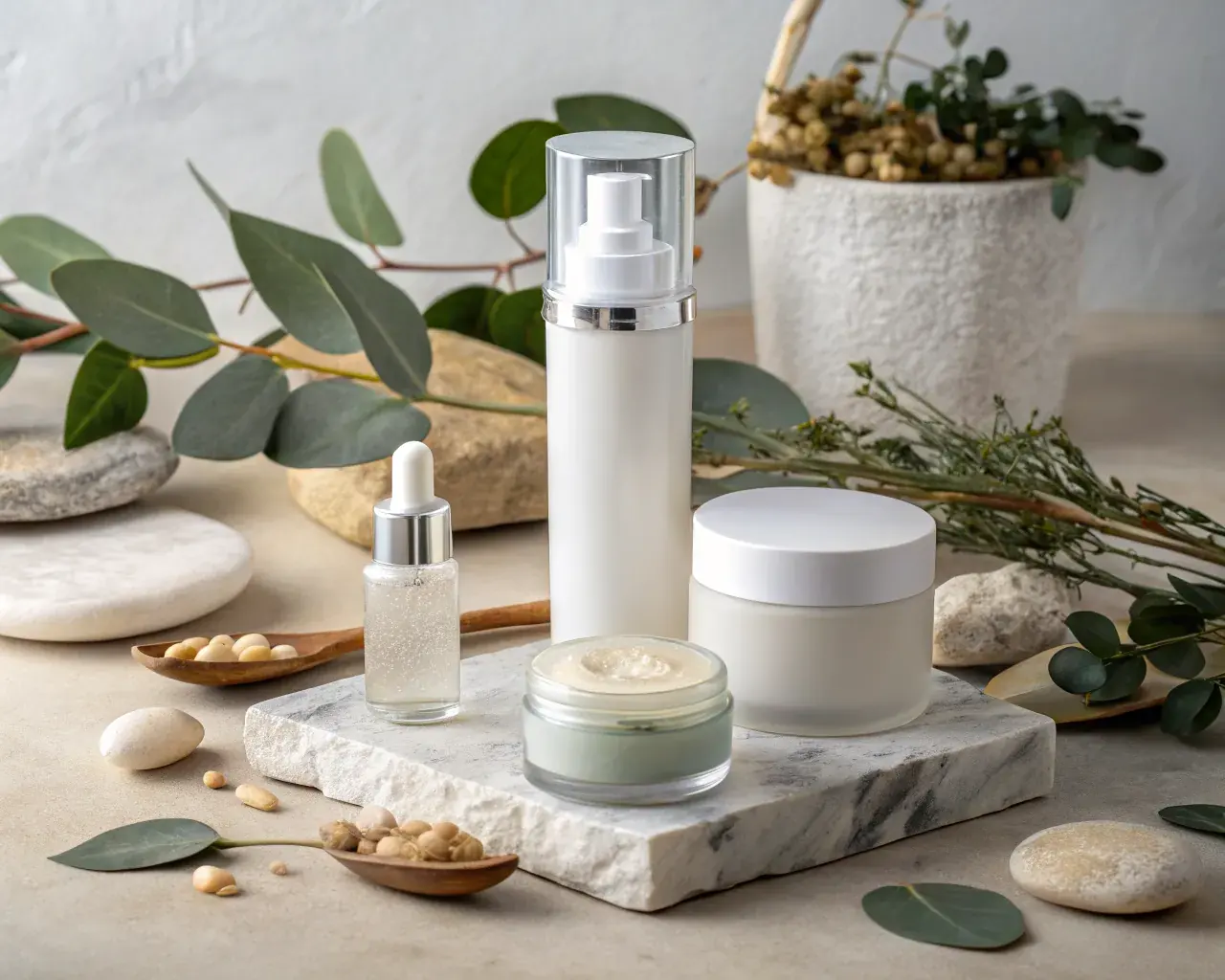 Elegant PHA biodegradable cosmetic jars and serum bottles on a natural stone surface with eucalyptus leaves