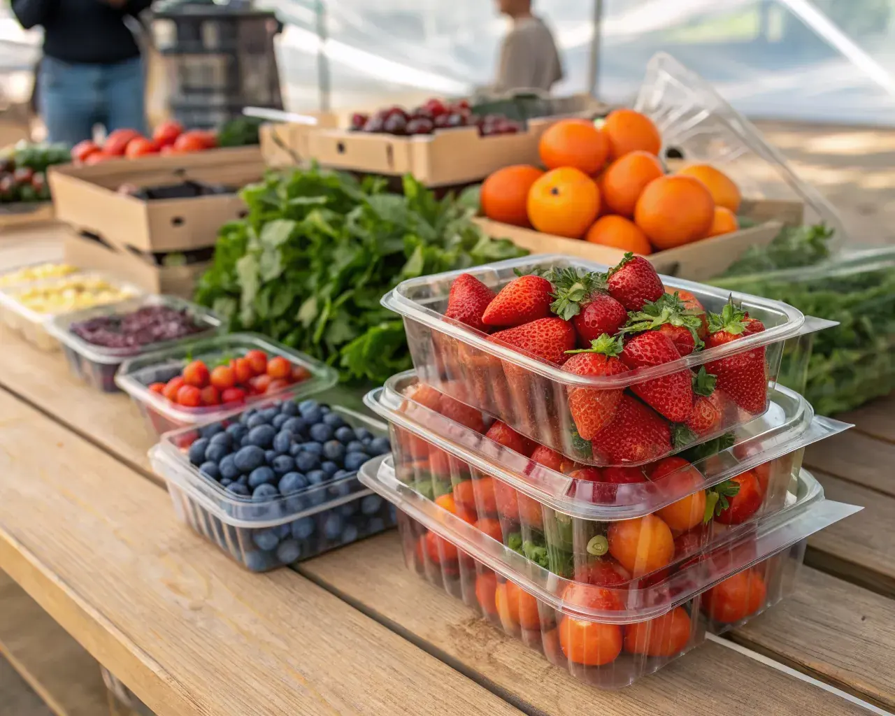Clear PHA biodegradable fresh produce clamshell boxes filled with strawberries, blueberries, and cherry tomatoes at a farmers market