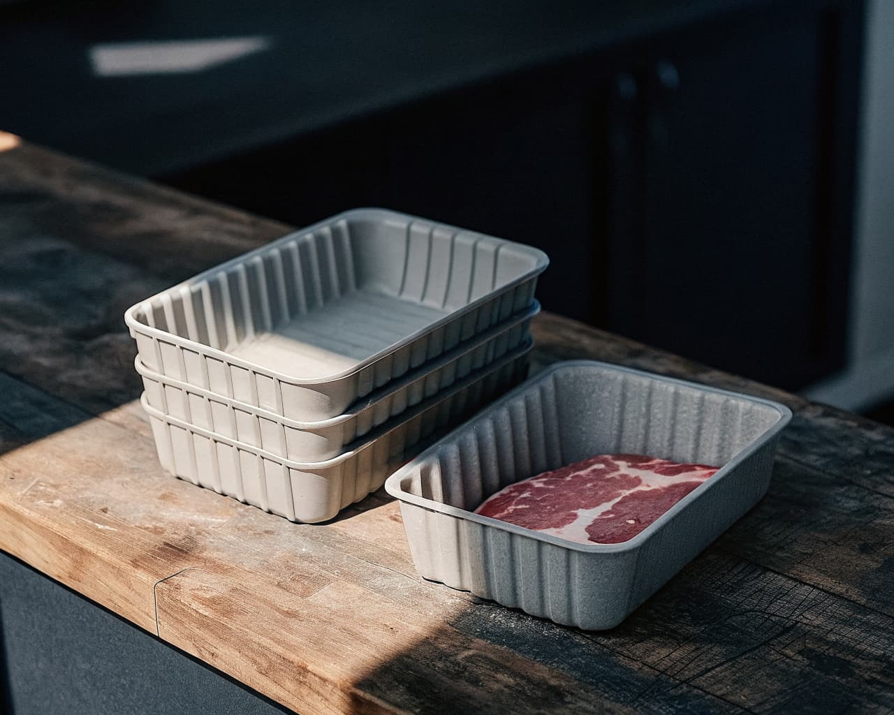 Stacked PHA compostable meat packing trays with a fresh cut of raw beef in the foreground tray