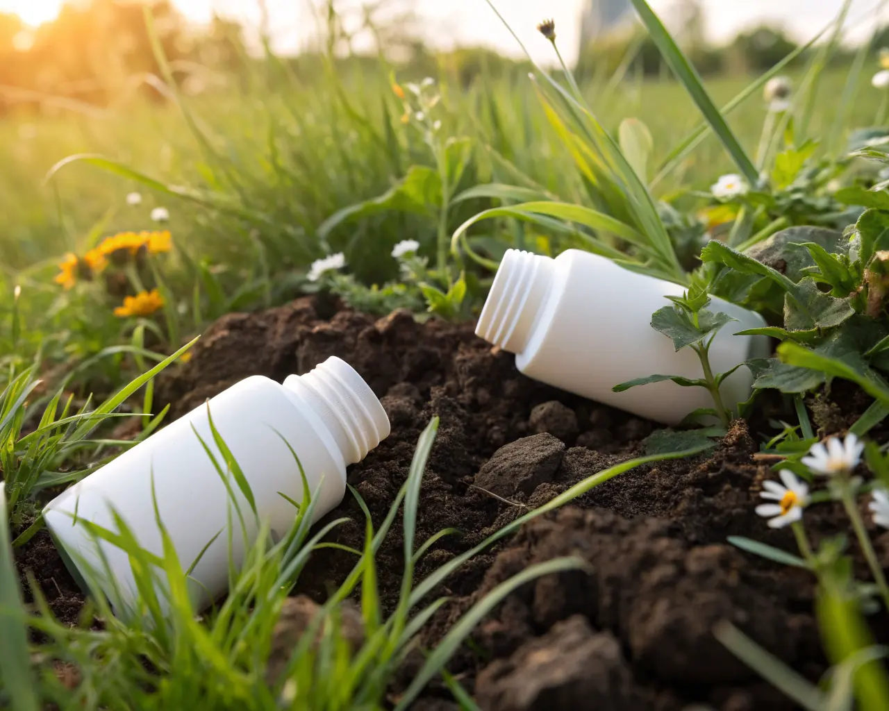 Biodegradable packer bottles resting in soil surrounded by grass and wildflowers