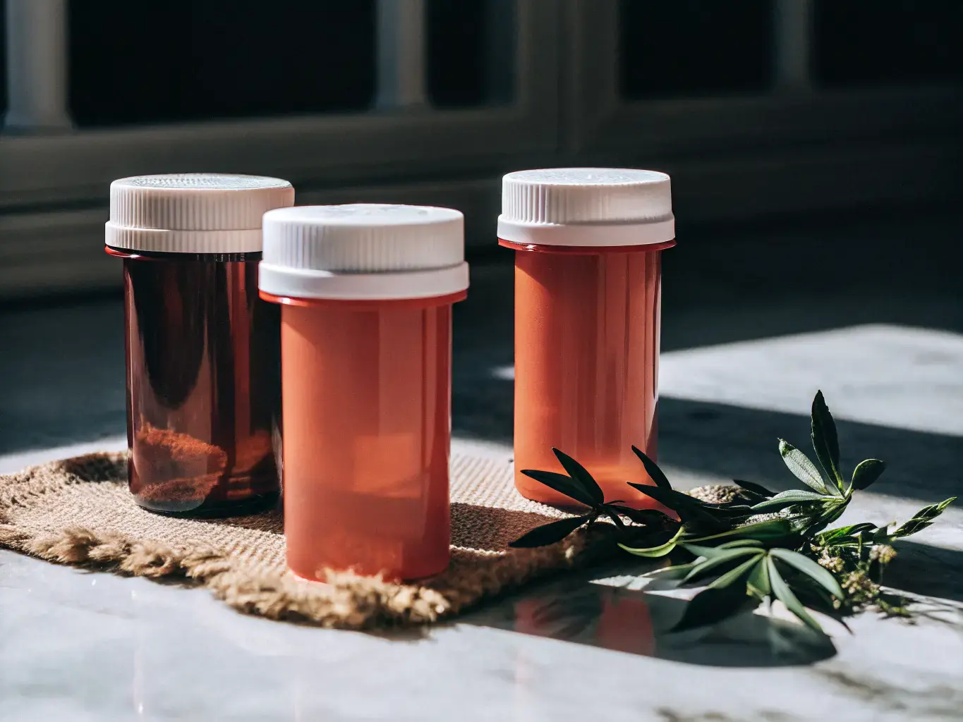 Biodegradable PHA pill bottles on a marble surface with natural plant elements