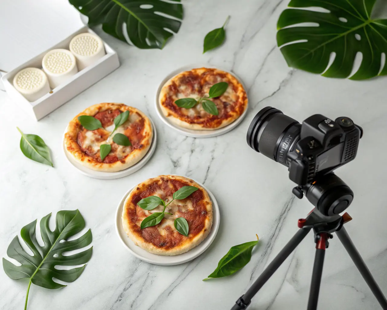 Biodegradable PHA pizza savers on a marble surface with tropical plant leaves
