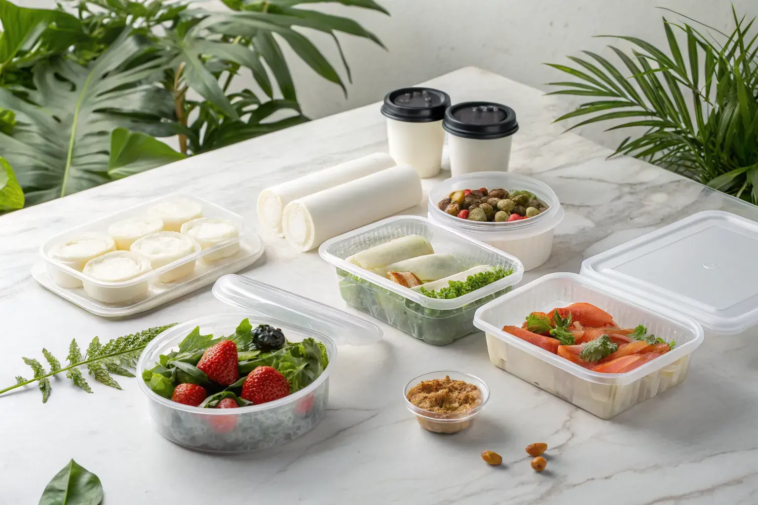 Collection of PHA biodegradable rigid and flexible containers on a marble surface
