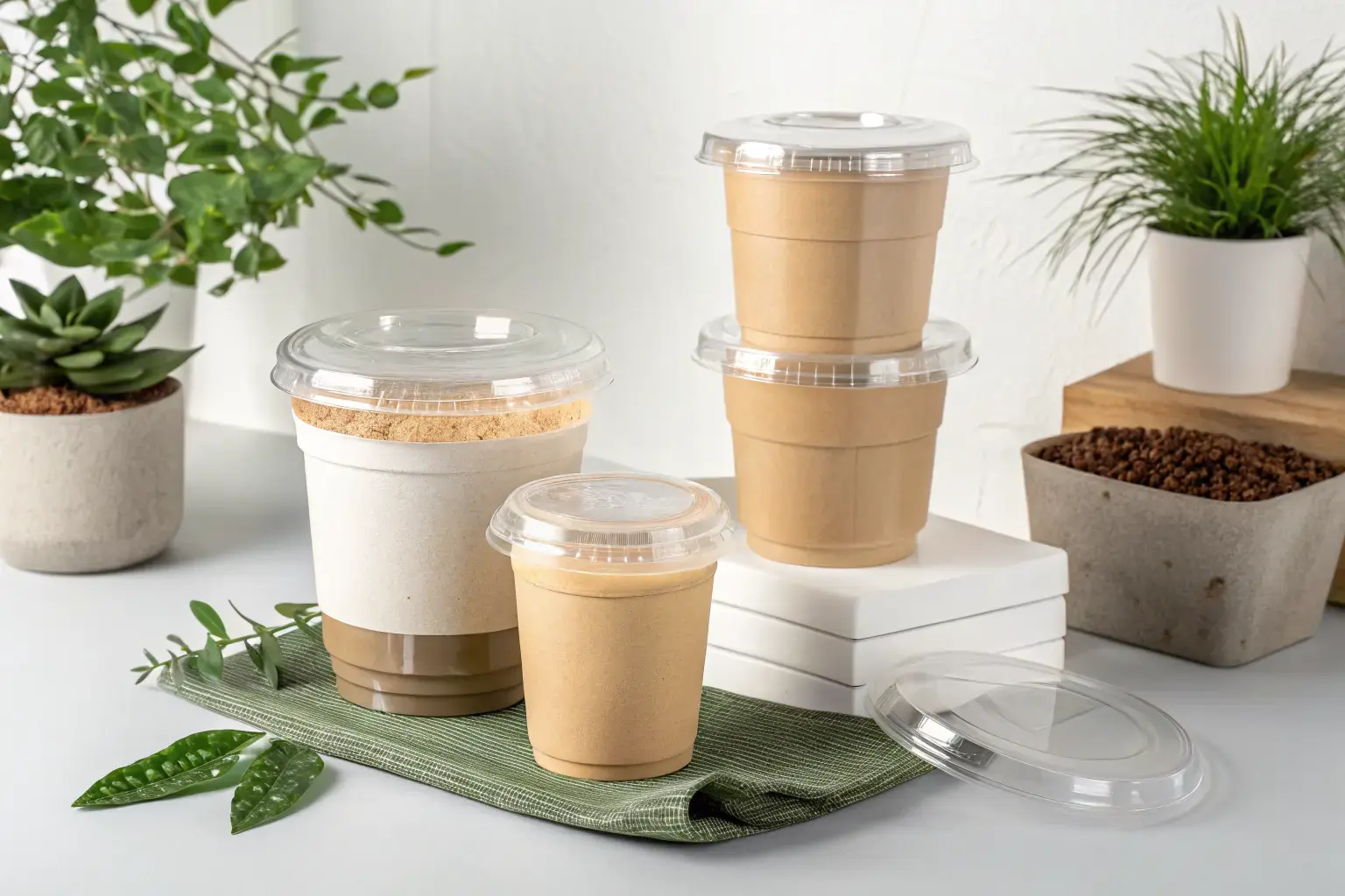 PHA biodegradable cups and lids — fully compostable food service packaging with zero petroleum and zero microplastics